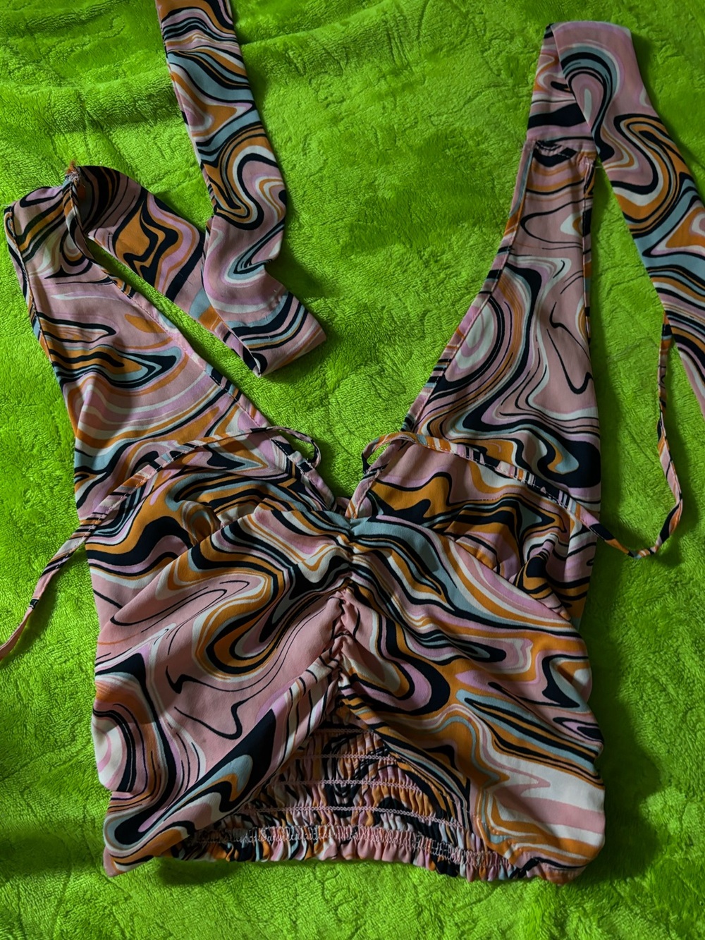 Persaya Pink Swirl Ruched Tie-Shoulder Crop Top